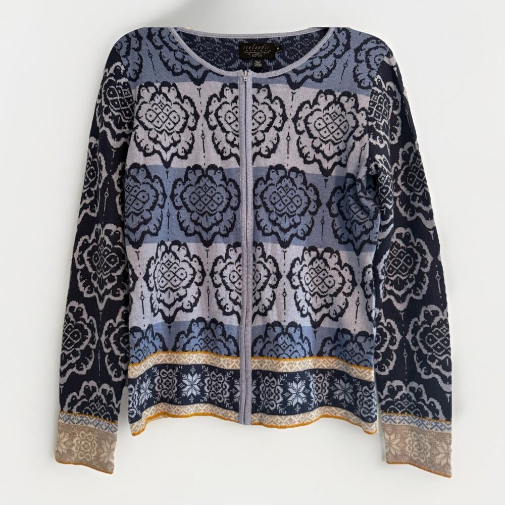 Icelandic Design Sweater Womens MED Wool Blend Zip up Cardigan Knit